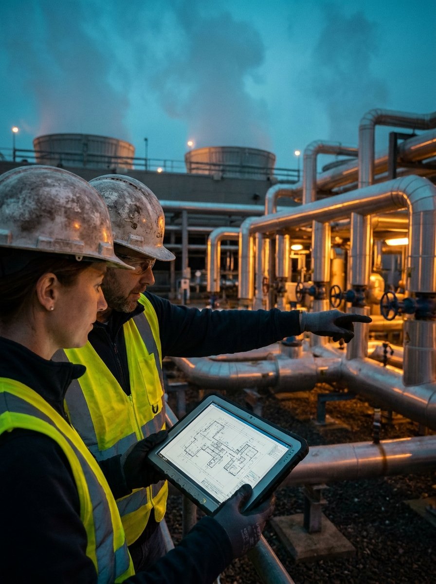 Ingenieros revisando el proyecto en sitio